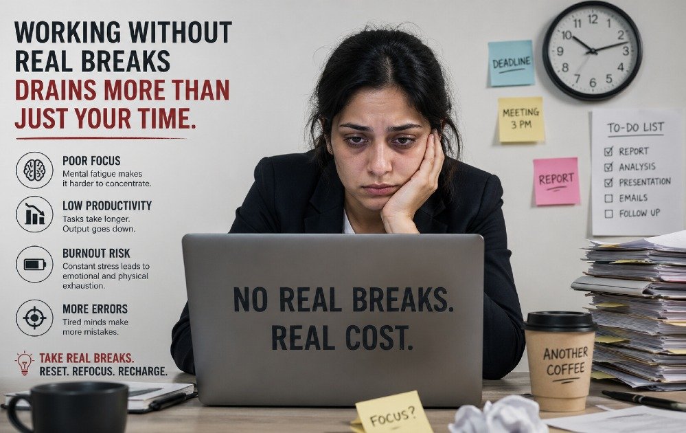 Overworked professional at desk showing signs of fatigue while continuously working without meaningful breaks.