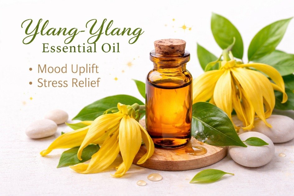 Ylang-ylang essential oil in a glass bottle with flowers, promoting mood uplift and stress relief.