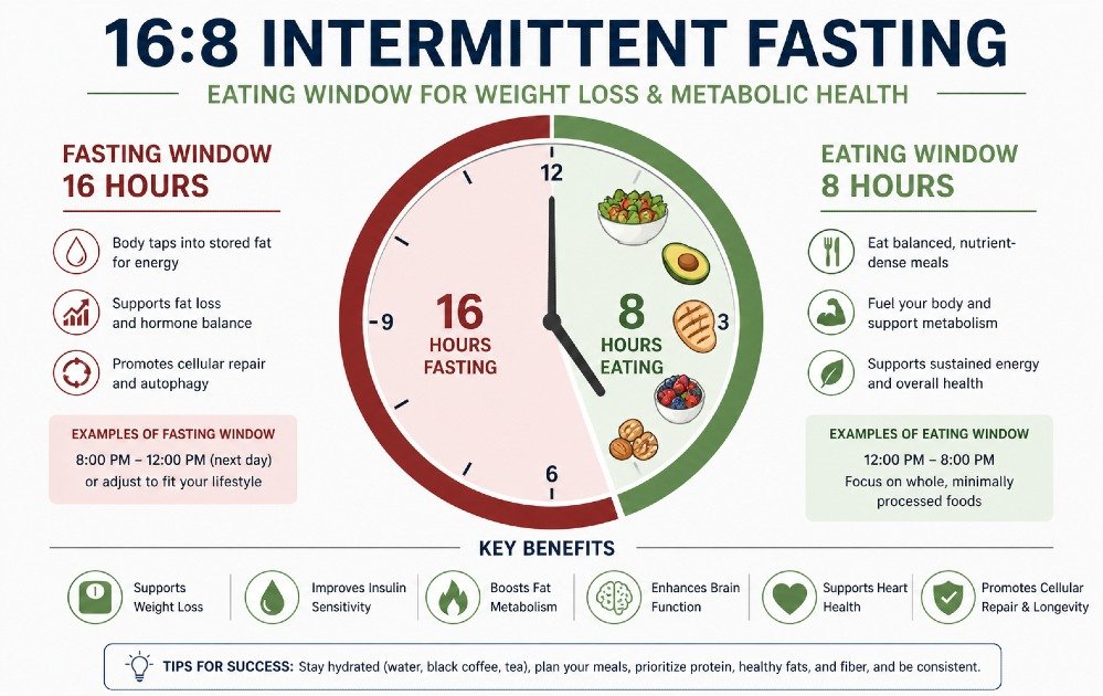 16:8 intermittent fasting schedule showing eating and fasting windows for weight loss and metabolic health.