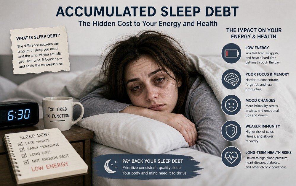 Person looking exhausted while lying in bed, illustrating accumulated sleep debt and its impact on energy and health.