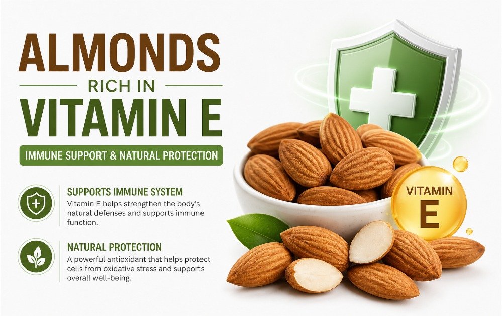 A clean image showing almonds highlighting vitamin E benefits for immune system support and natural protection.