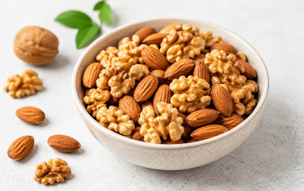 Almonds and walnuts in a bowl, rich in healthy fats and essential nutrients.