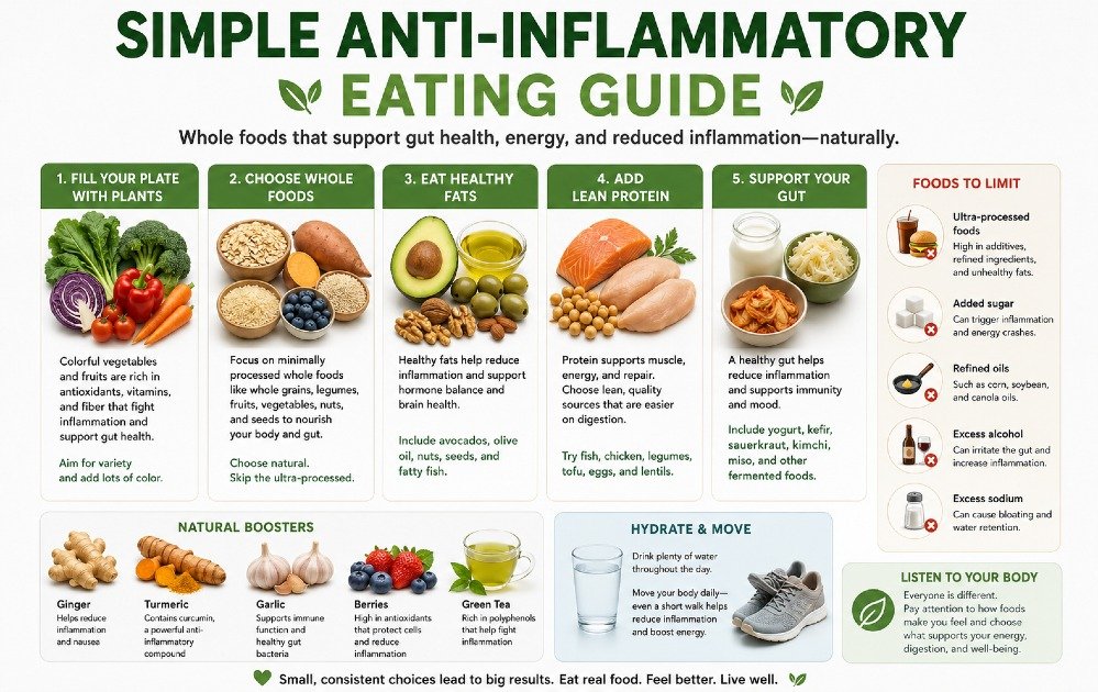Simple anti-inflammatory eating guide with whole foods that support gut health, energy, and reduced inflammation naturally
