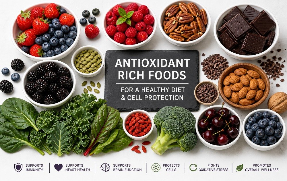 Assortment of antioxidant-rich foods including berries, leafy greens, nuts, and dark chocolate arranged for a healthy diet.