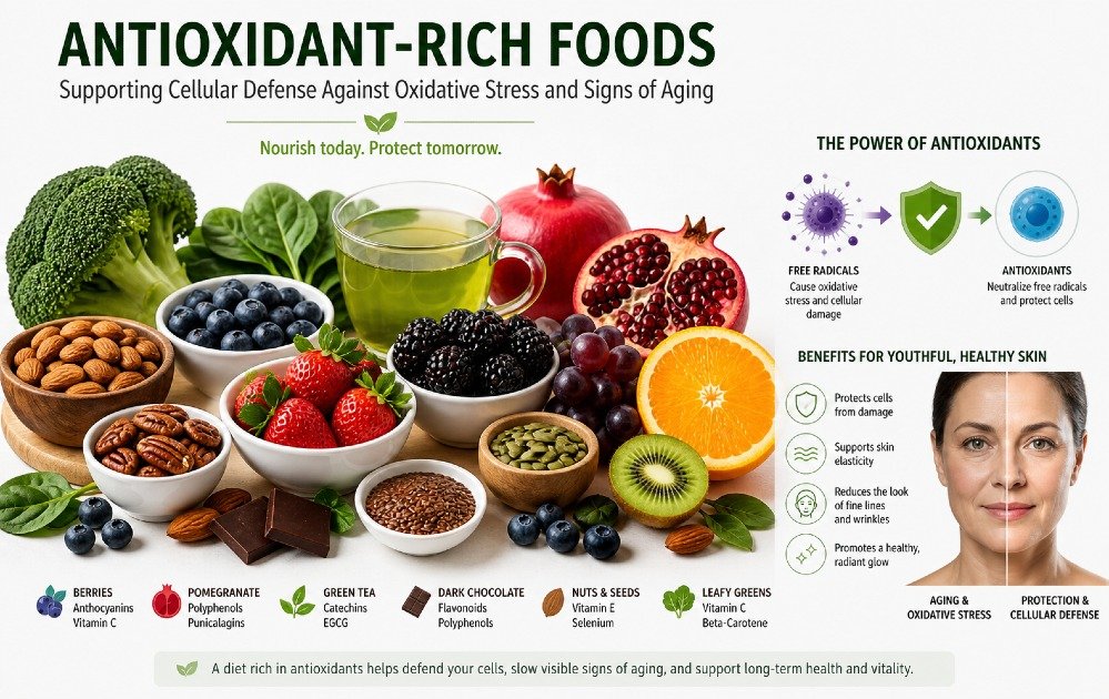 Antioxidant-rich foods supporting cellular defense against oxidative stress and signs of aging