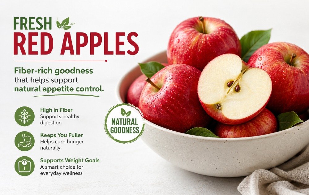 Fresh red apples in a bowl highlighting their fiber-rich content that helps support natural appetite control.