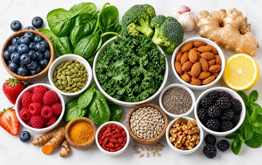 Assorted nutrient-rich superfoods like berries, leafy greens, nuts, and seeds arranged to support immune health.
