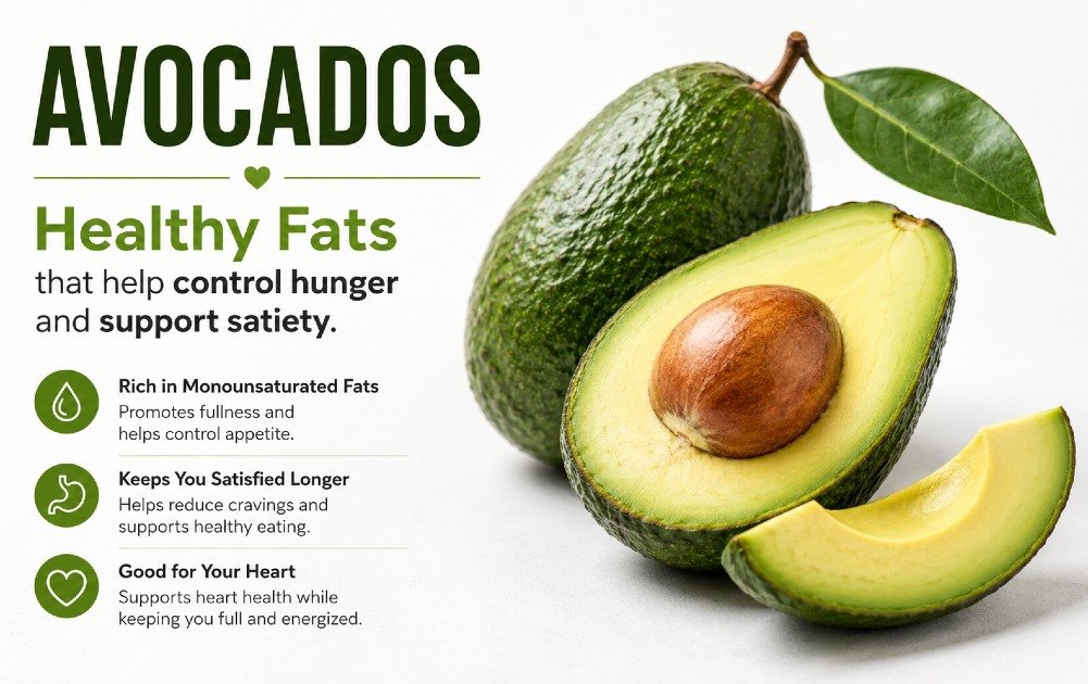 Fresh avocados showcasing healthy fats that help control hunger and support satiety.