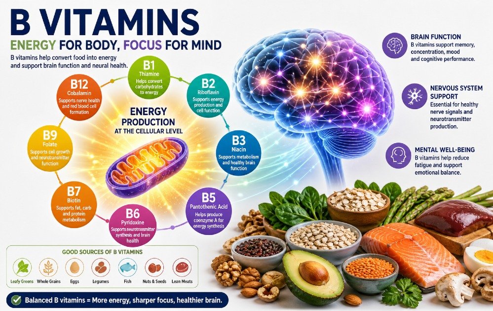Vibrant illustration of B vitamins supporting cellular energy production and brain function with healthy foods and neural activity.