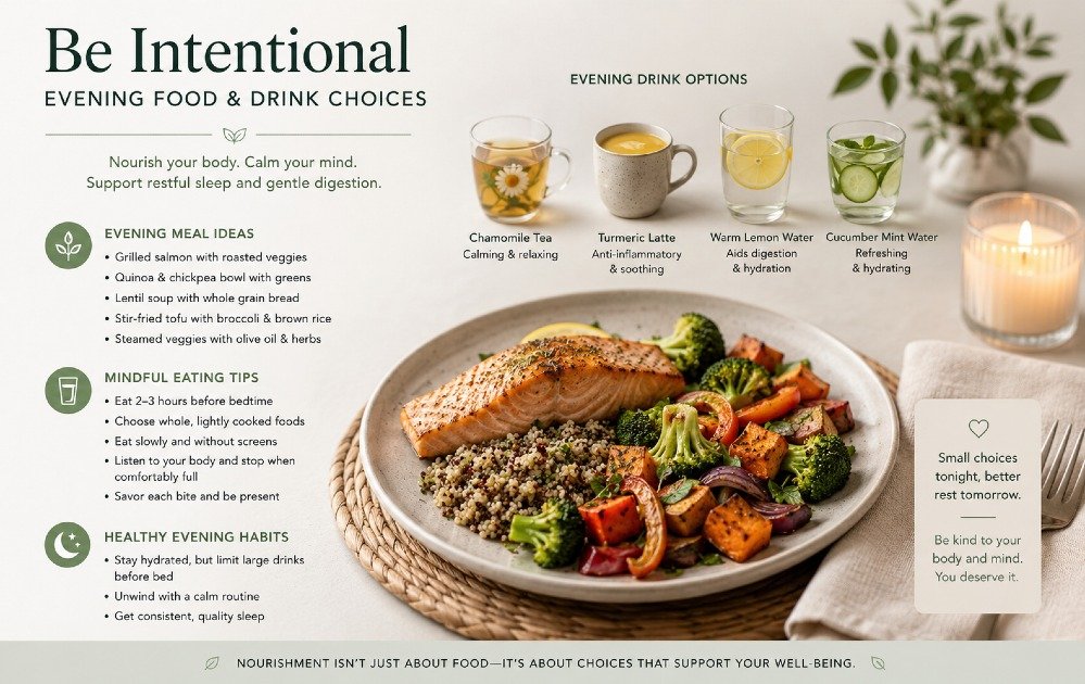 Evening meal and drink choices shown on a calm table, emphasizing mindful eating and healthy nighttime habits.