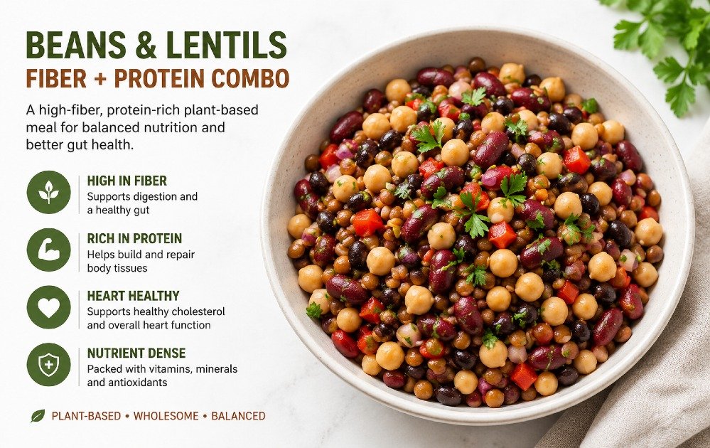 Bowl of beans and lentils showcasing a high-fiber, protein-rich plant-based meal for balanced nutrition and gut health.