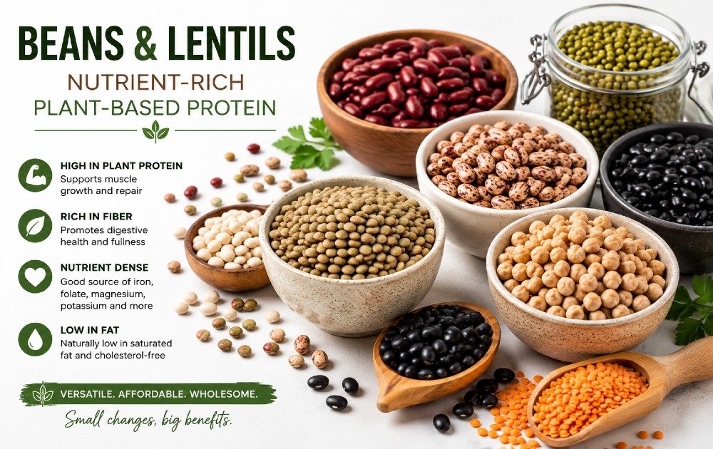 Assorted beans and lentils displayed as nutrient-rich plant-based protein sources.