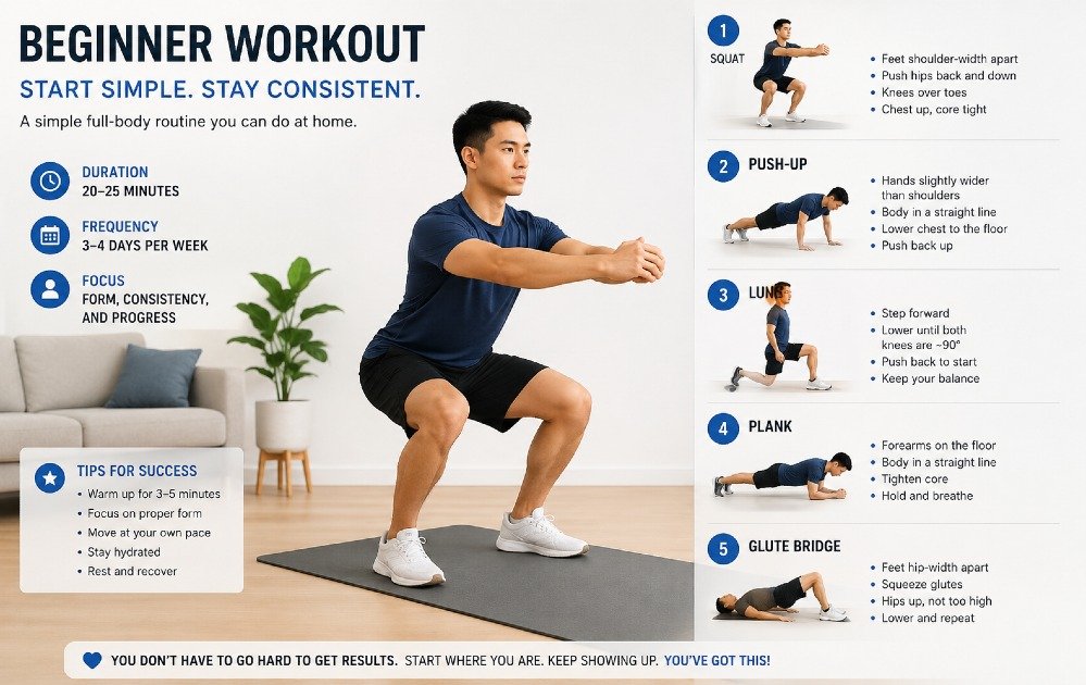 Beginner doing a simple full-body workout at home with proper form and steady focus
