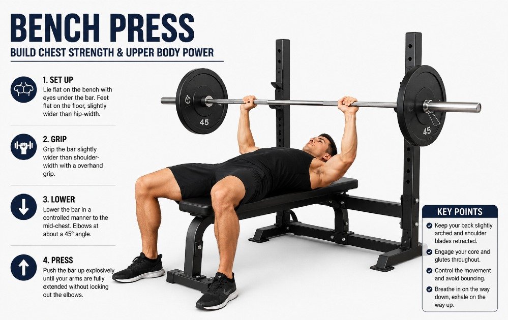 Man performing a bench press with proper form to build chest strength and upper body power