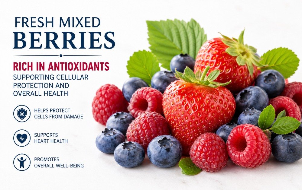 Fresh mixed berries (blueberries, strawberries, raspberries) rich in antioxidants supporting cellular protection and overall health.
