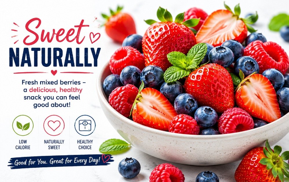 Fresh mixed berries (strawberries, blueberries, raspberries) highlighting a naturally sweet, low-calorie healthy snack option.