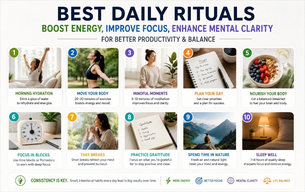 Daily rituals that boost energy, improve focus, and enhance mental clarity for better productivity and balance.