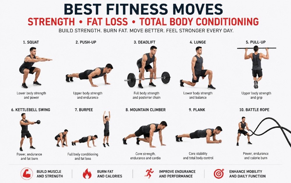 Athlete performing full-body fitness moves designed for strength building, fat loss, and total body conditioning.