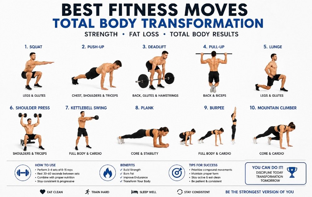 Full-body fitness routine demonstrating effective exercises for strength, fat loss, and total body transformation.