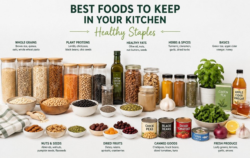 Healthy kitchen staples arranged neatly, showcasing nutritious foods for balanced eating and meal prep.