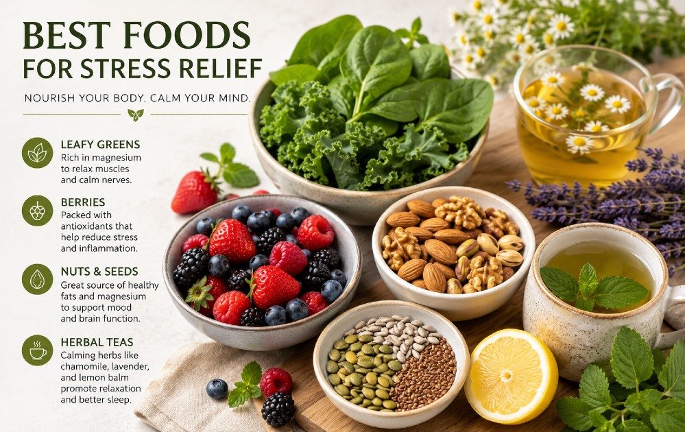 Assorted natural foods that help reduce stress, including leafy greens, berries, nuts, and herbal teas arranged on a wooden table.