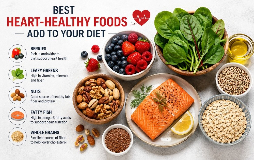 Heart-healthy foods including berries, leafy greens, nuts, fatty fish, and whole grains arranged for a balanced diet.