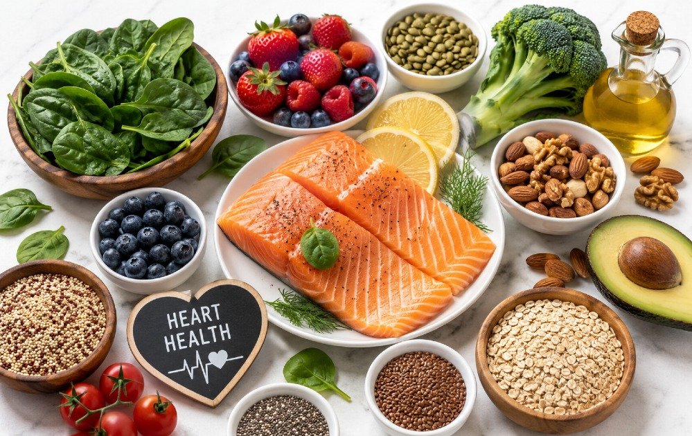 Heart-healthy foods including salmon, leafy greens, berries, nuts, and whole grains arranged to support cardiovascular health and long-term wellness.
