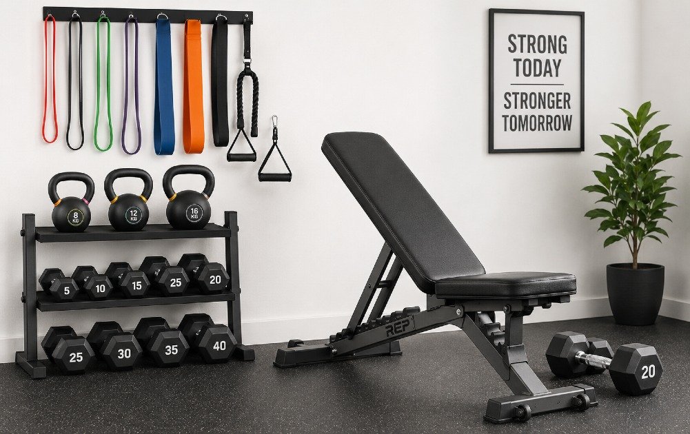 Home strength training setup featuring dumbbells, resistance bands, kettlebell, and adjustable bench arranged for effective full-body workouts.
