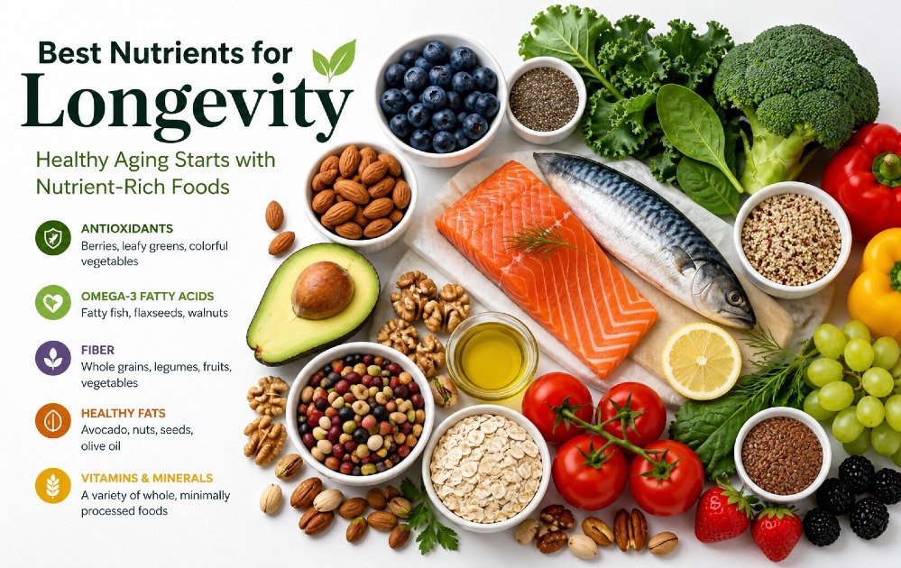 Healthy nutrient-rich foods supporting longevity, including fruits, vegetables, nuts, fish, and whole grains arranged on a clean background.