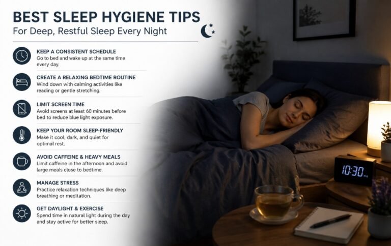 Person sleeping peacefully in a dark, calm bedroom with a healthy nighttime routine for deeper, restful sleep