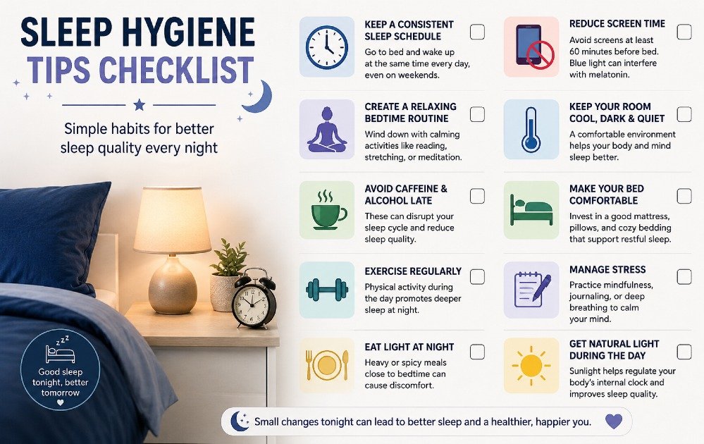 Sleep hygiene tips checklist showing habits for better sleep quality, including consistent bedtime, reduced screen time, and a calm sleep environment
