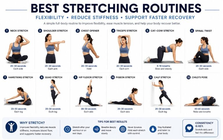 Simple stretching routine demonstrating flexibility exercises to reduce stiffness and support faster body recovery