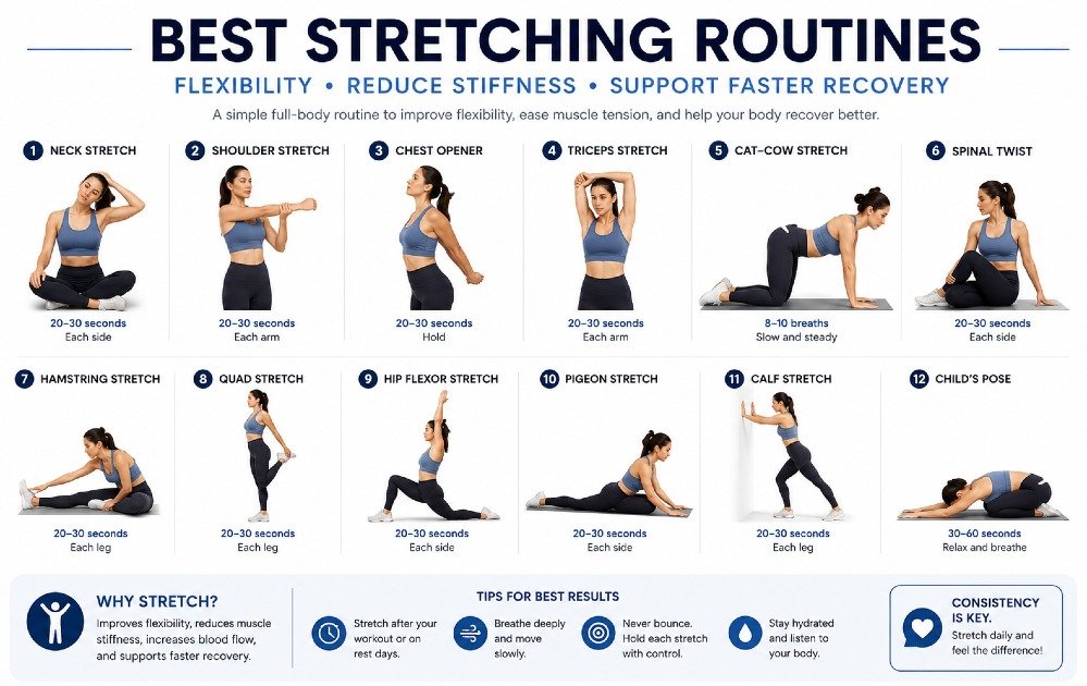 Simple stretching routine demonstrating flexibility exercises to reduce stiffness and support faster body recovery