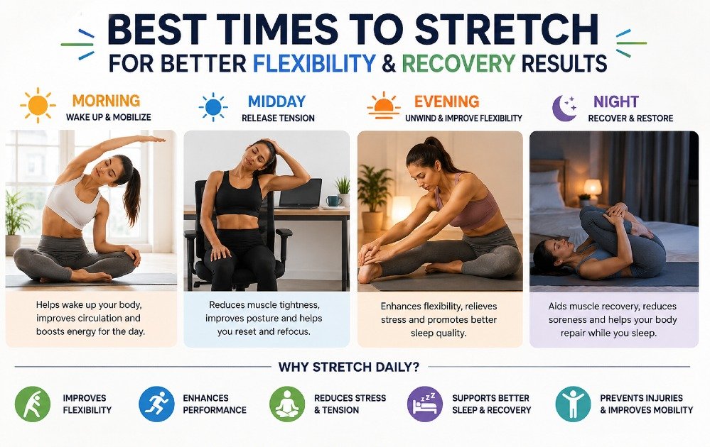 Person stretching at different times of the day to improve flexibility and recovery results