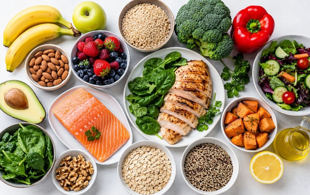 Assorted healthy weight loss foods including fruits, vegetables, lean protein, and whole grains arranged for a balanced diet.