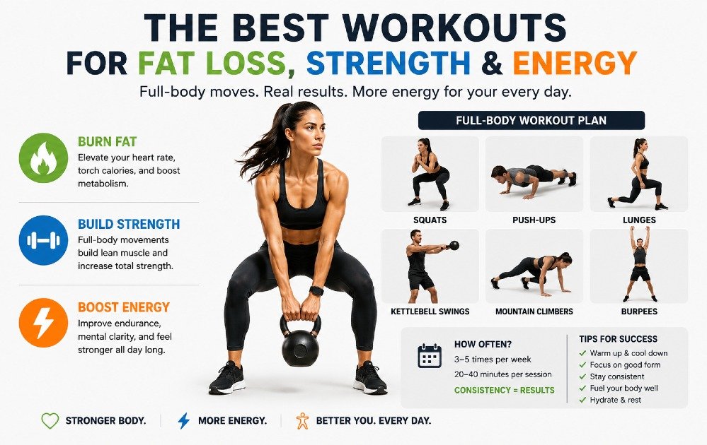 Person doing full-body strength and cardio workout to burn fat, build strength, and boost daily energy.
