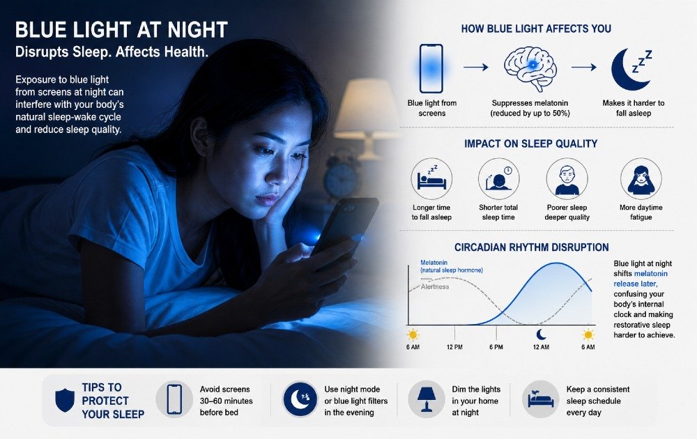 Person using a smartphone at night exposed to blue light, highlighting its impact on sleep quality and circadian rhythm disruption.
