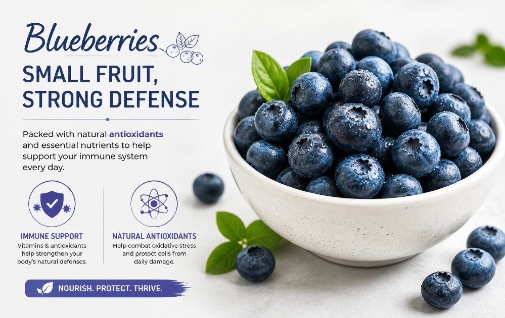 Fresh blueberries in a bowl highlighting natural antioxidants and immune-support benefits