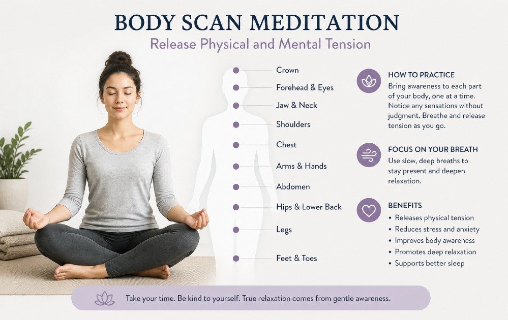 erson practicing body scan meditation to release physical and mental tension