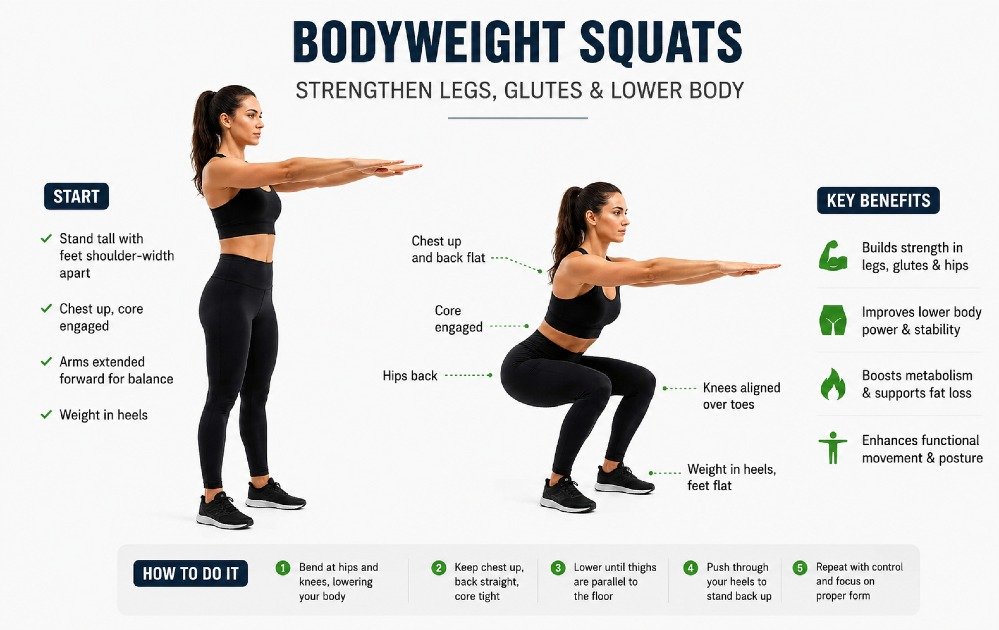 Person performing bodyweight squats with proper form to strengthen legs, glutes, and lower body muscles.