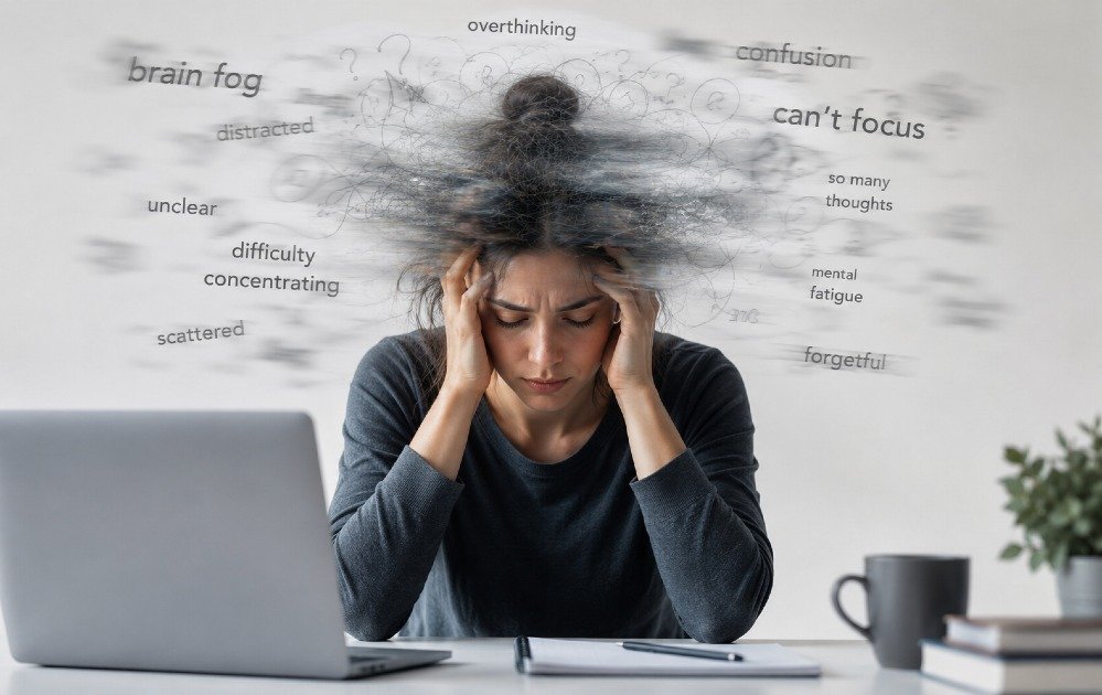 Person experiencing brain fog and difficulty concentrating, shown with a blurred, overwhelmed mind concept.