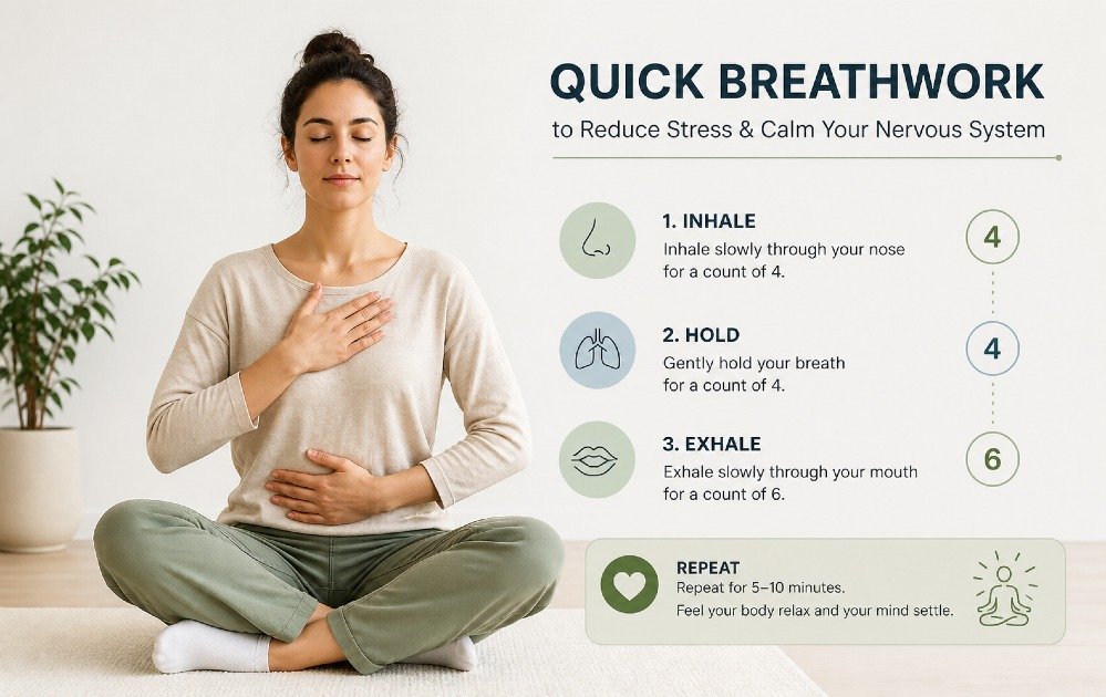 Person practicing controlled breathwork to reduce stress and calm the nervous system.