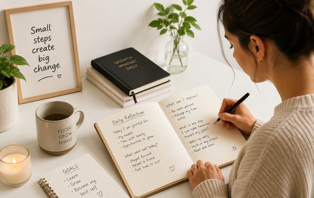 Person journaling in a notebook to build a daily reflection habit for self-awareness and personal growth.
