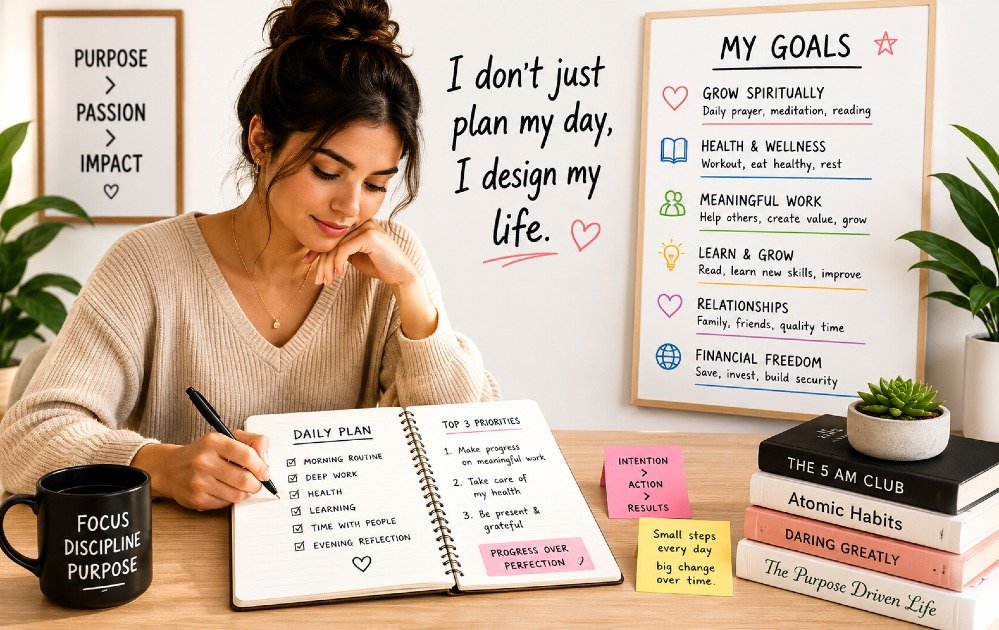 A focused individual planning a daily routine aligned with personal goals and life purpose