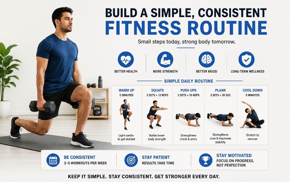 Person following a simple and consistent fitness routine with basic exercises at home or gym for long-term health and strength.