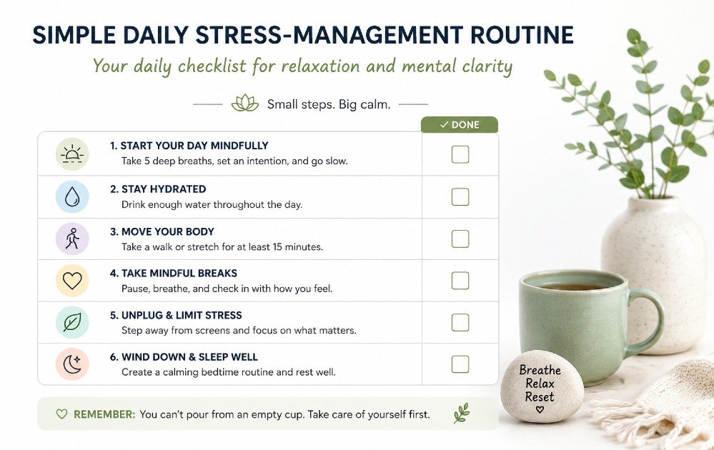 Simple daily stress-management routine checklist for relaxation and mental clarity