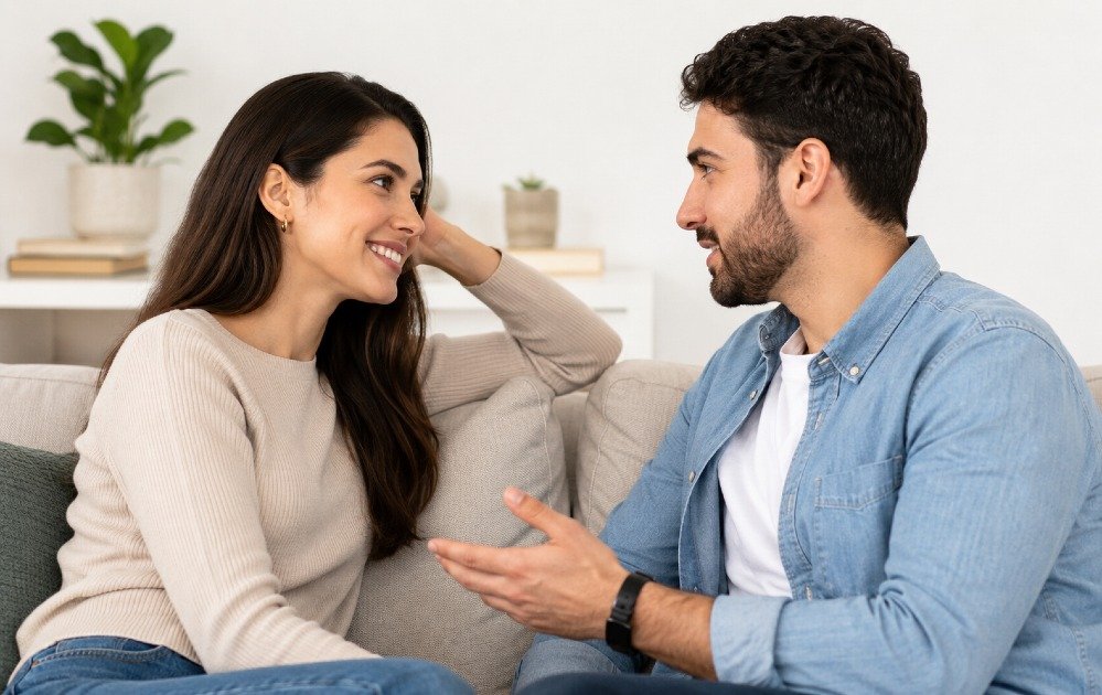 Two people engaging in a warm, supportive conversation that reflects trust, respect, and emotional connection in a healthy relationship.