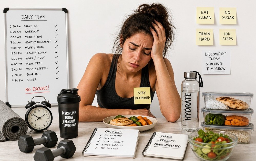 Person feeling mentally and physically exhausted while trying to maintain a strict healthy lifestyle routine