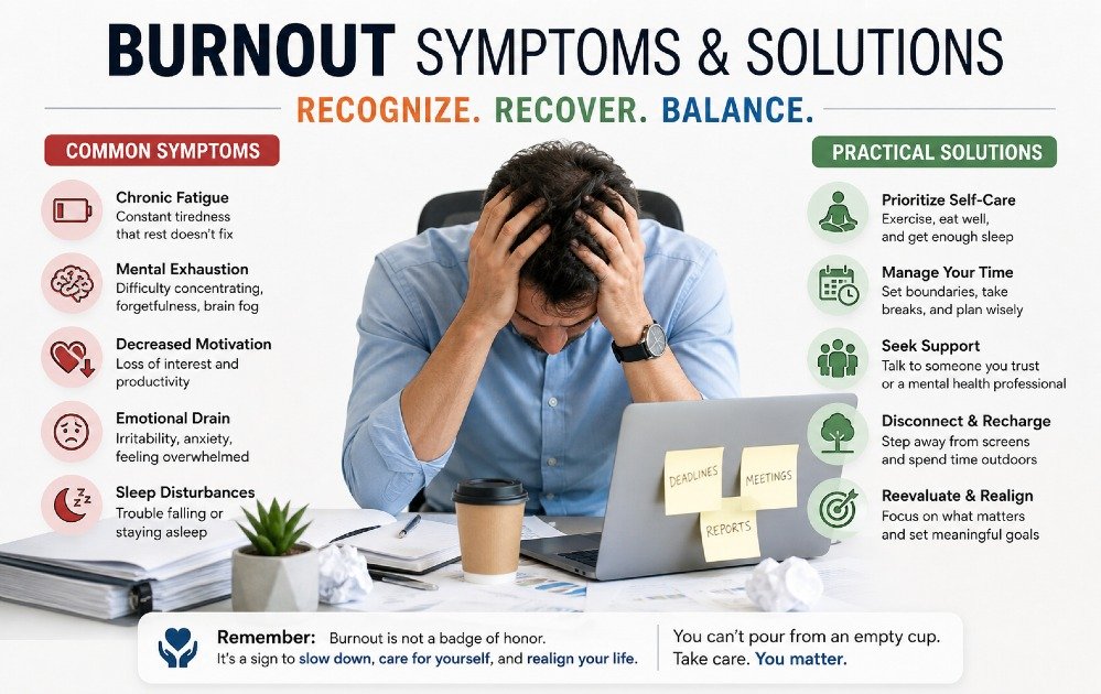 Overworked professional holding head at desk showing burnout symptoms, fatigue, stress, and mental exhaustion.