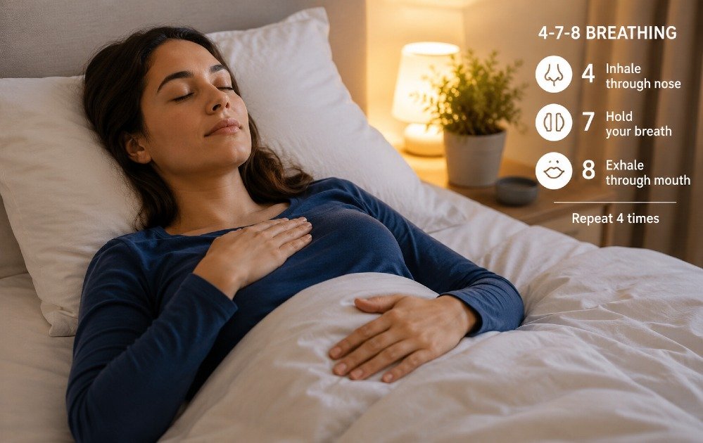 Person lying in bed practicing slow breathing to calm the mind and prepare for restful sleep.